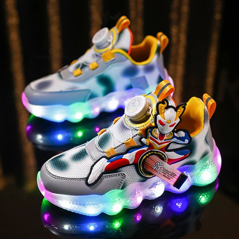 Child Shoes Luminous Sneakers Cartoon Light Shoes New Rotate Buckle Shock Absorption Running Kids Sneaker Breathable Boy Shoes