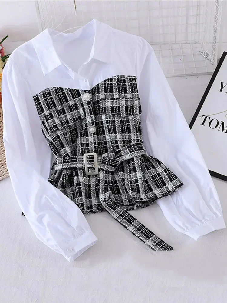 Women New Plaid Shirt Female Autumn Korean Loose Long-sleeved Stitching Fake Two-piece Blouse Turn-Down Collar Top Female Y1145