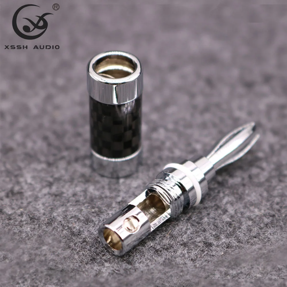 Konektor Pisang GuangZhou YIVO XSSH Colokan Listrik Rhodium Berlapis Kuningan Serat Karbon OEM untuk Kabel Speaker Diameter Maksimal 5Mm