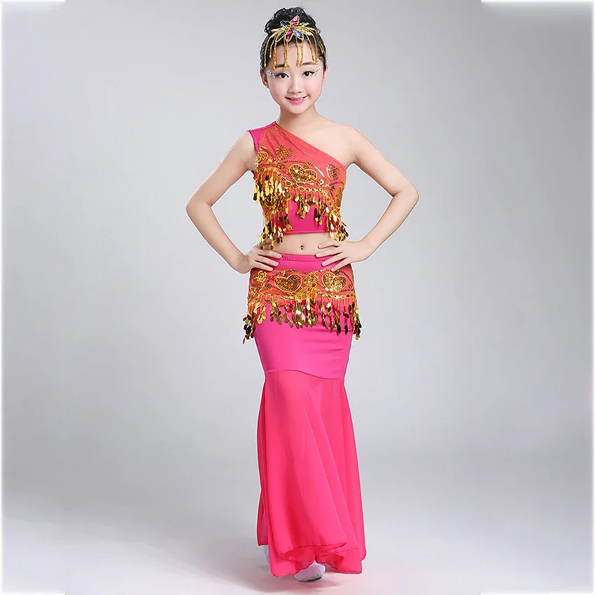 Children's 100-160CM Belly Dance Set Women Shoulder Off Girl Cosplay Stage Sequin Oriental Costumes for Kids Skirts Tail Fish