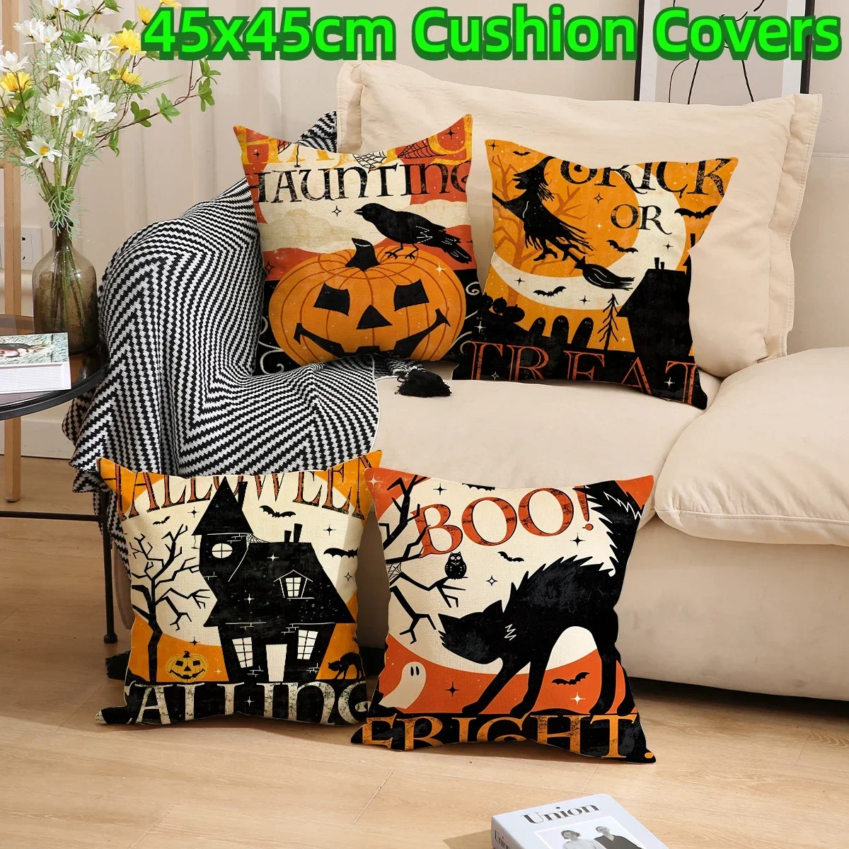 

Halloween 45x45cm Cushion Covers,Pillow Covers Decorative,Decorative Pillows,Flax Printed Pillow Black Orange Combination,1 PC