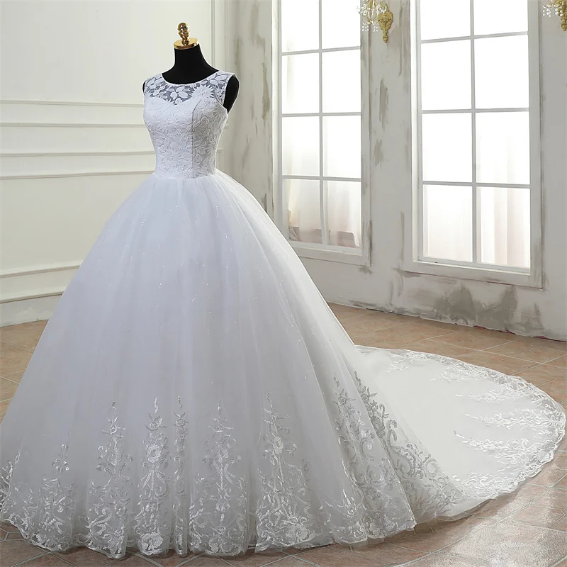 Y&M Novias O Neck Cheap Vestido De Noiva Off White Wedding Dress Train or Floor Custom Made Plus Size Bridal Tulle Mariage