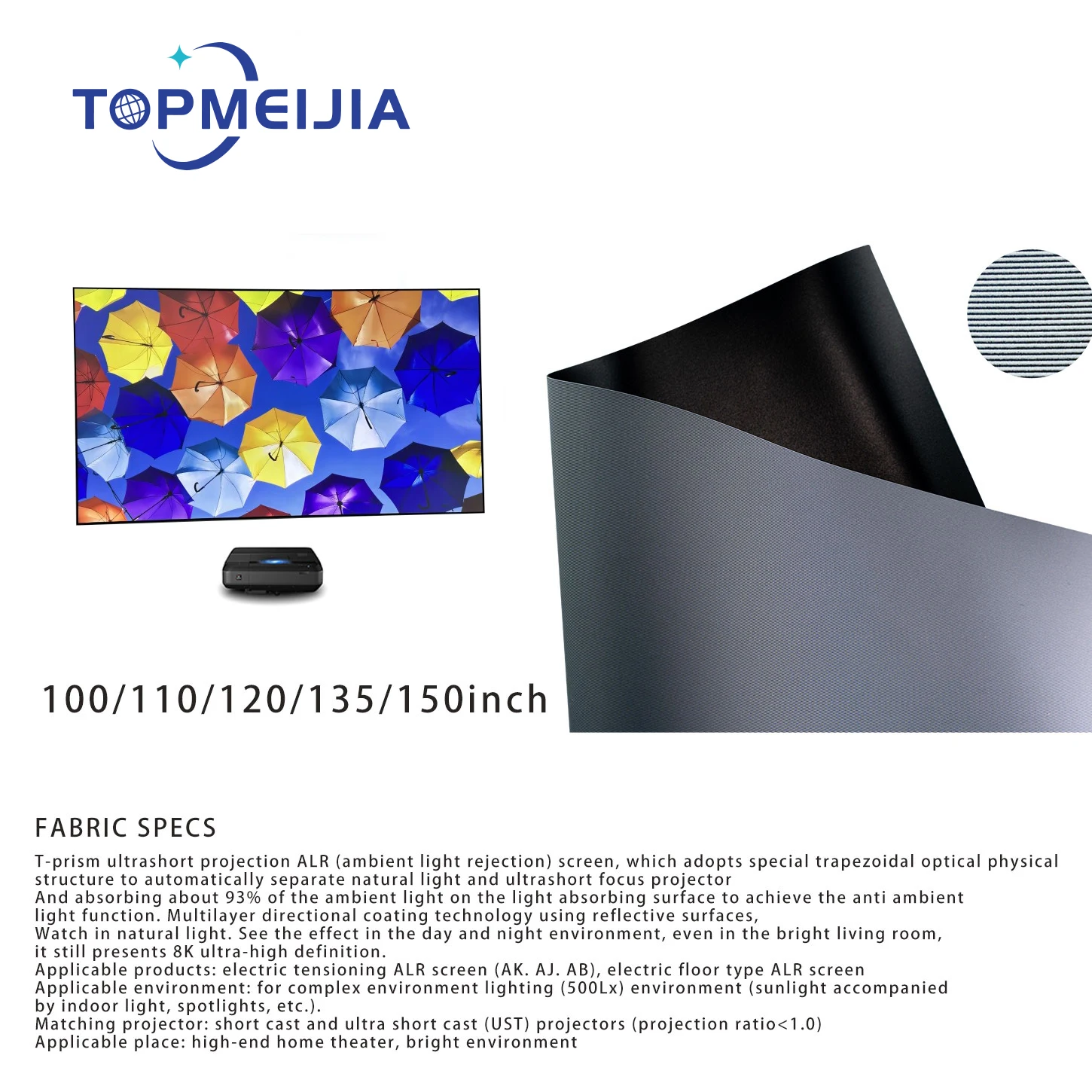 

TOPMEIJIA 100 inch -150 inch ALR Projector Screen 16:9 T Prism UST Screen Fabric Without Frame