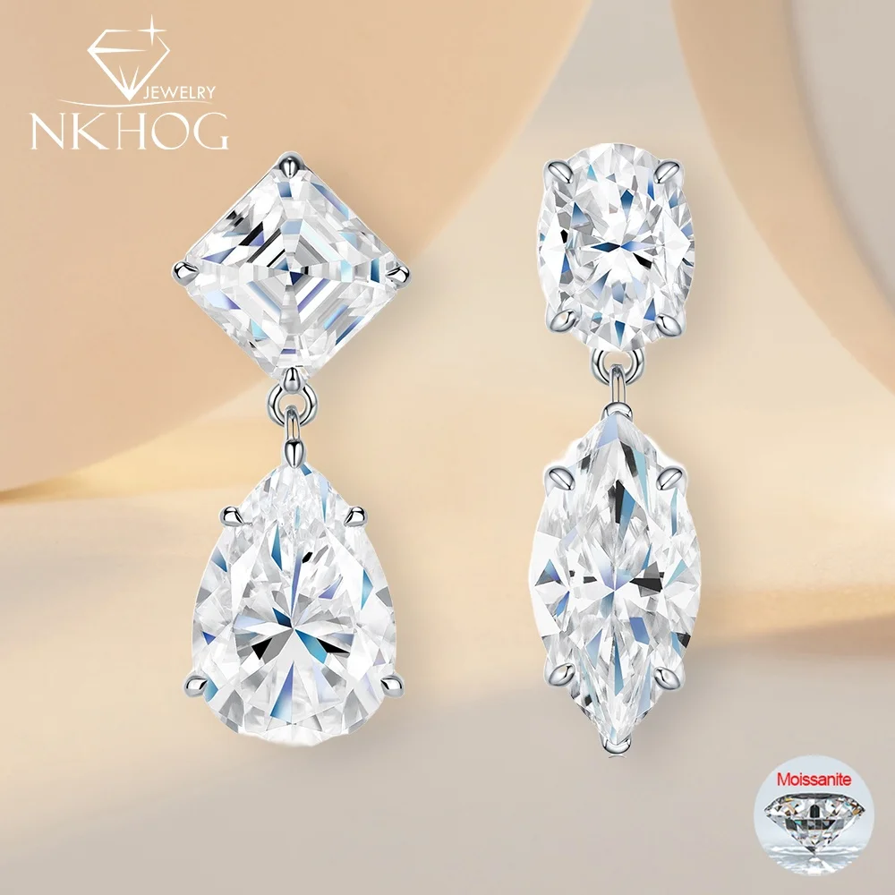 

NKHOG 13CTTW Full Moissanite Drop Earrings For Women 925 Sterling Silver Lab Diamond Luxury Wedding Party Ear Studs Fine Jewelry