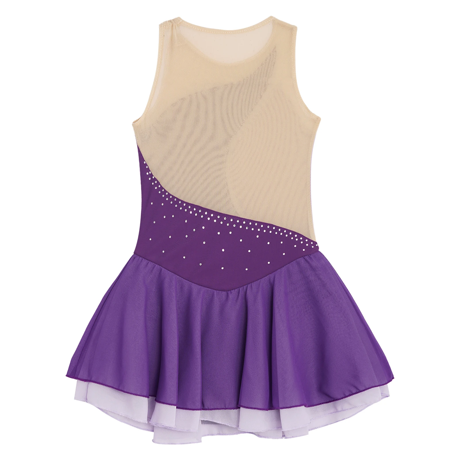 Children Girls Figure Skating Dance Dress Ballet Gymnastics Acrobatics Costume Sleeveless Rhinestone Sheer Mesh Leotard Tutu