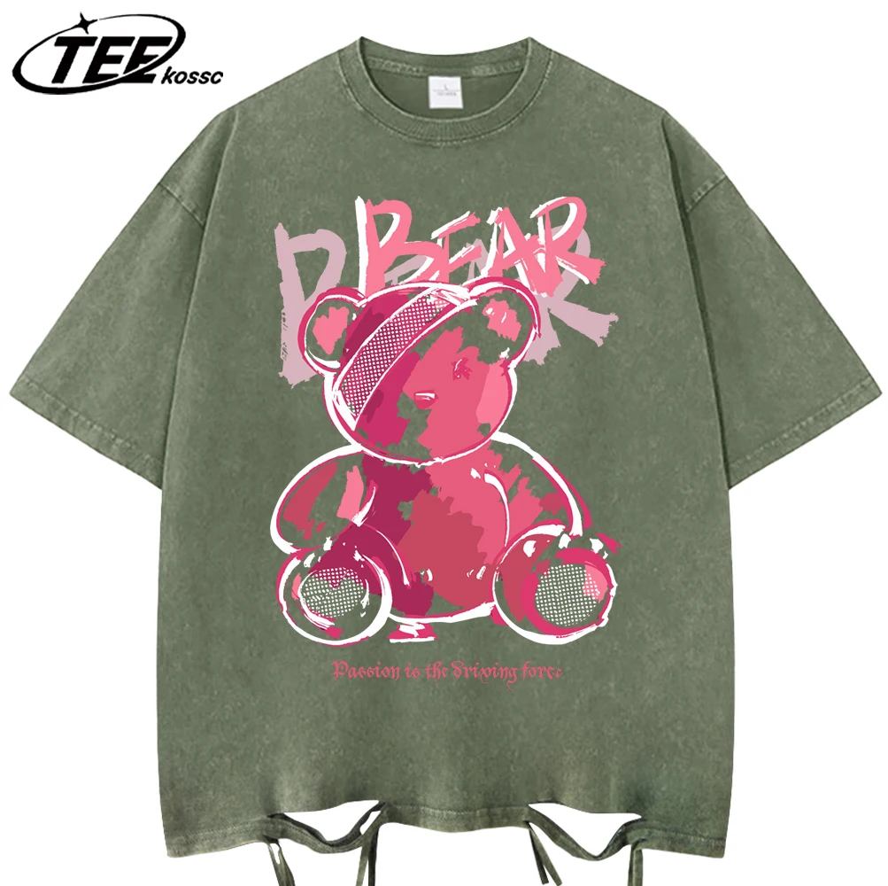 

Cartoon Bear With Serious Injuries Pattern Washed Holes T Shirts Men Summer Cotton Tops Vintage Streetwear Loose T-Shirts