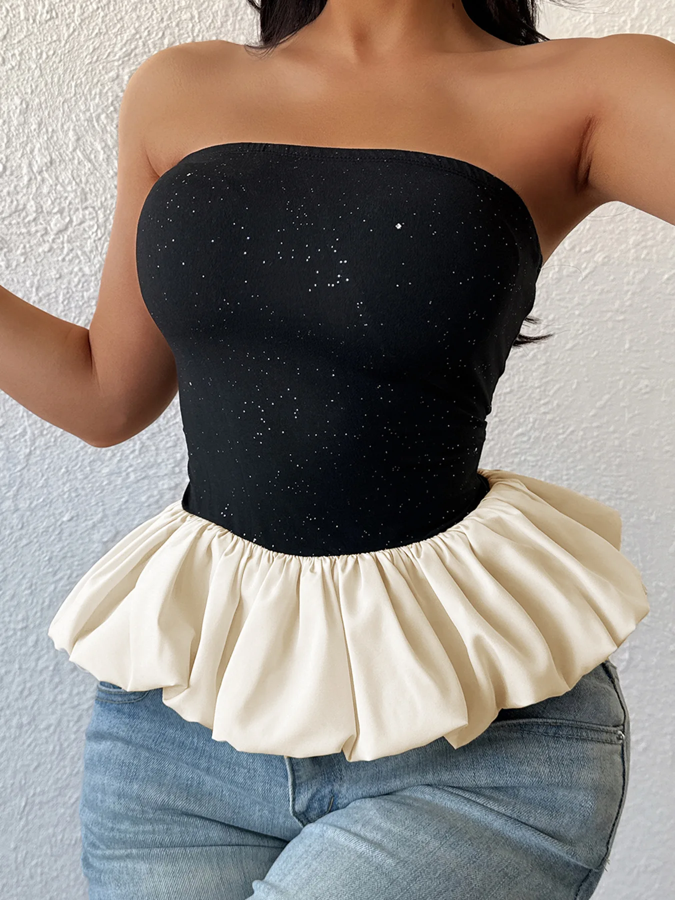 

New Color Blocking Flower Bud Niche Strapless Top