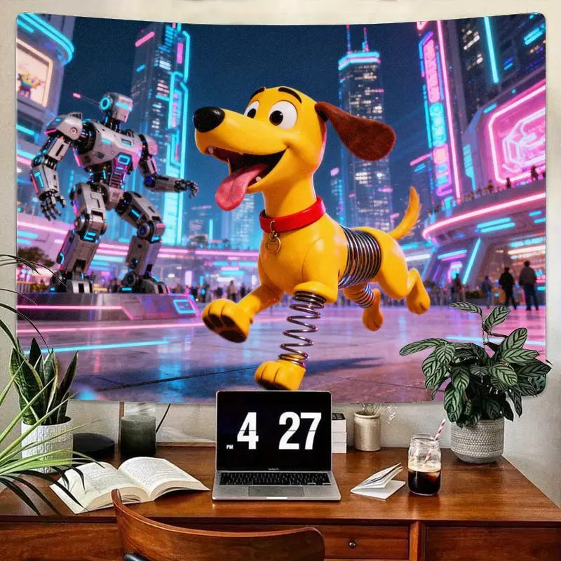 

1PC Sci-Fi Robot Spring Dog Tapestry, Neon Cyberpunk City Wall Art, Modern Polyester Bedroom Decor, Gamer Gift.