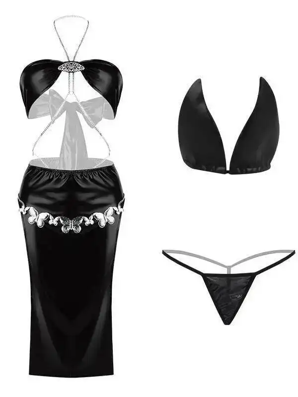 Sexy fuite de cuisse chaîne en métal papillon jupe ensembles élégant dos nu profond V sans manches col suspendu jupe ensembles charmant R566
