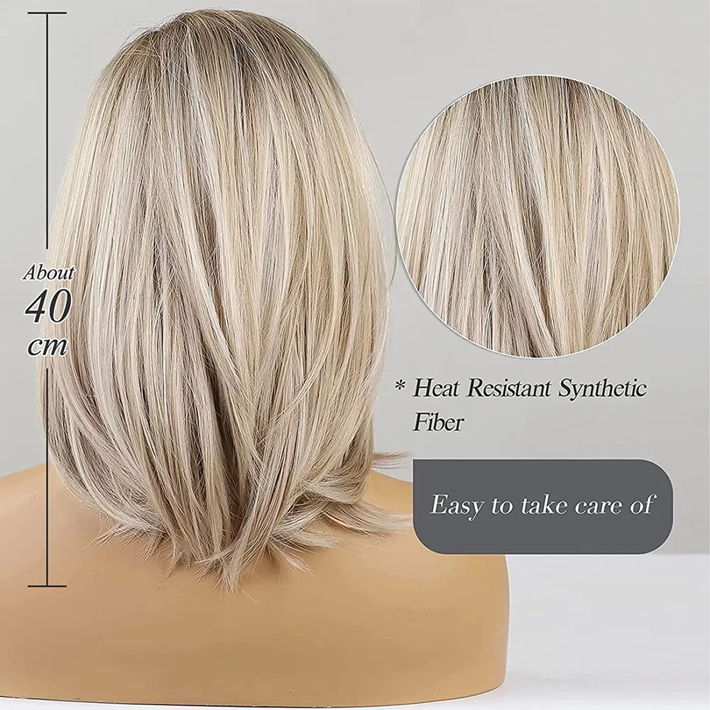 LOUIS FERRE Blonde Short Straight Wigs for Women Shoulder Length Layered Synthetic Hair Wig with Dark Roots Natural Fluffy Daily