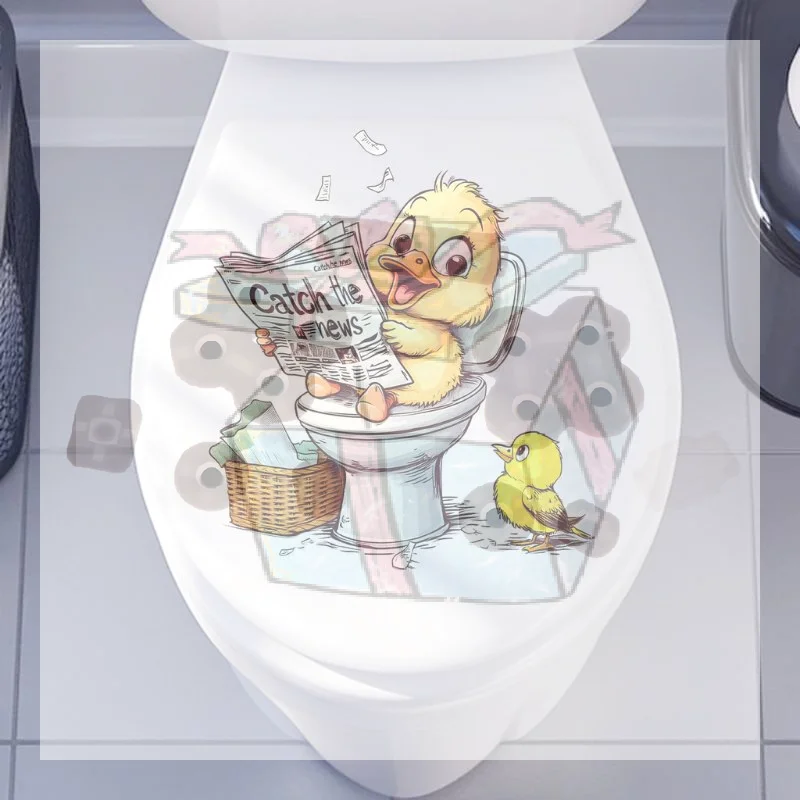 【CC】Funny Yellow Duck Reading Newspaper Toilet Lid Decal Sticker Wallpapers Wall Stickers For Bathroom Decor Self-Adhesive