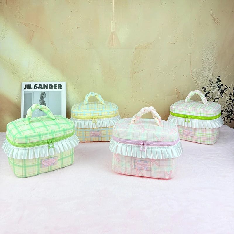 Large capacity bag with lace, rainbow and check patterns for makeup use