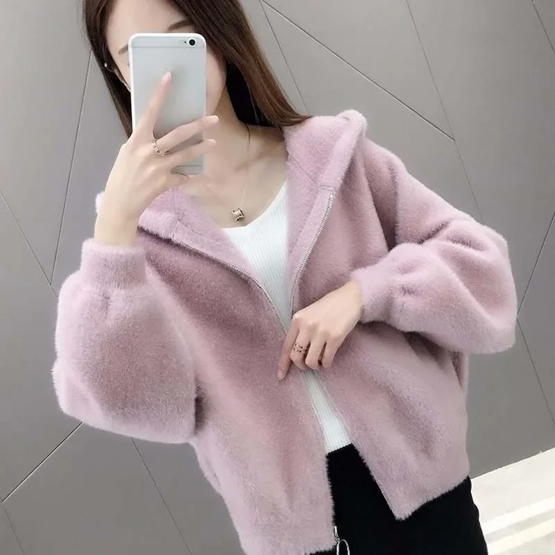 2024 Women Autumn Winter Imitation Mink Cashmere Coat Lady Loose Oversize Short Cardigan Female Casual h Knit Outerwear C120