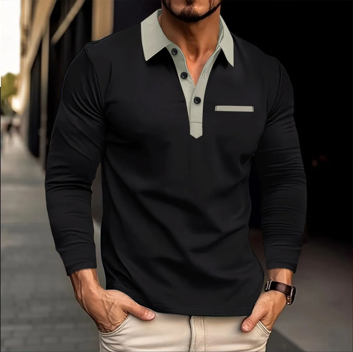 2024 spring and autumn new men\'s high quality solid color long sleeve outdoor sports shirt matching color Polo shirt