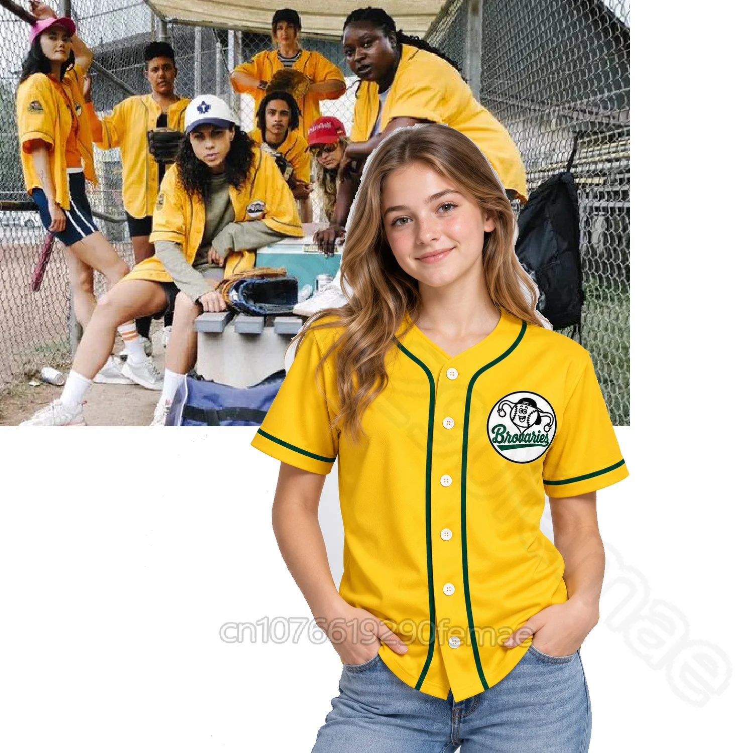 Slo Pitch Women's Yellow Baseball Jersey Brovaries Graphic Short Sleeve Button Down Shirt Green Trim Casual Oversized Sports Top