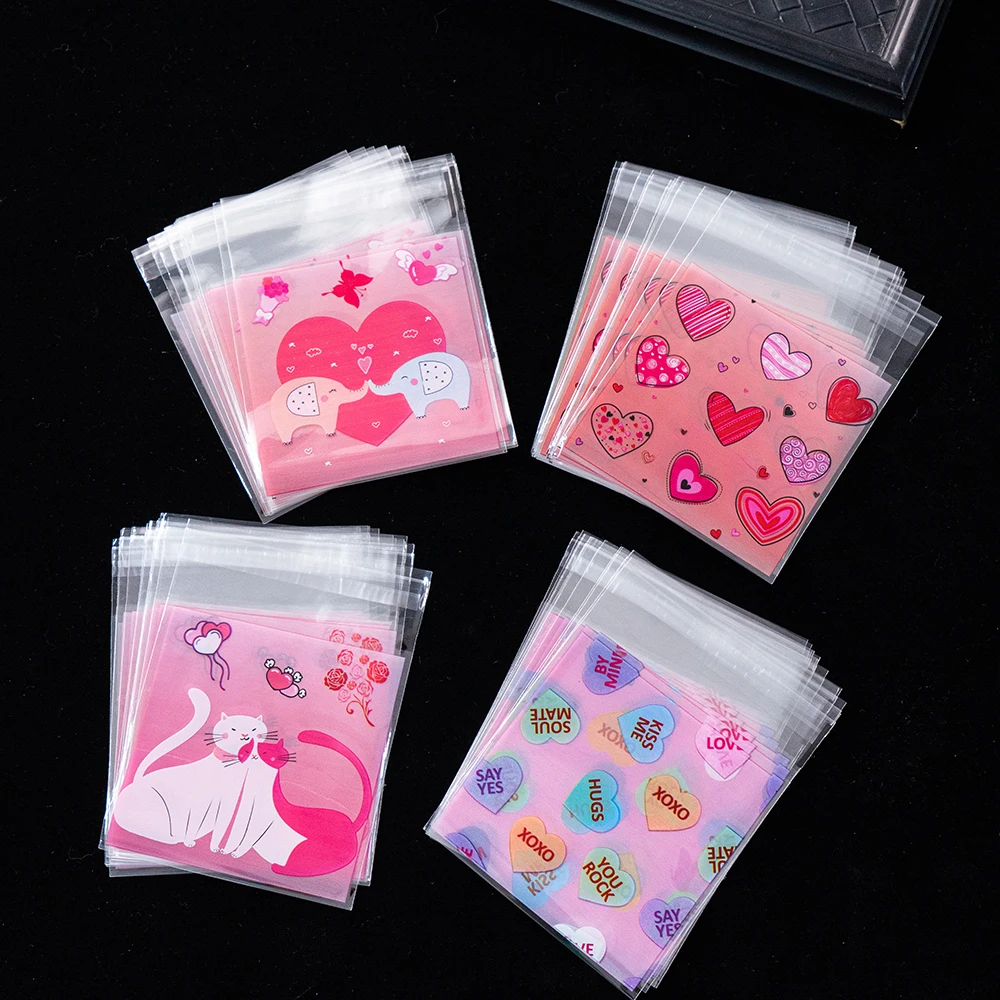 100Pcs 10x10cm Clear Mix Style Heart Love Self-Adhesive Plastic Bags For Party Candy Gift Storage Packaging Jewelry Display