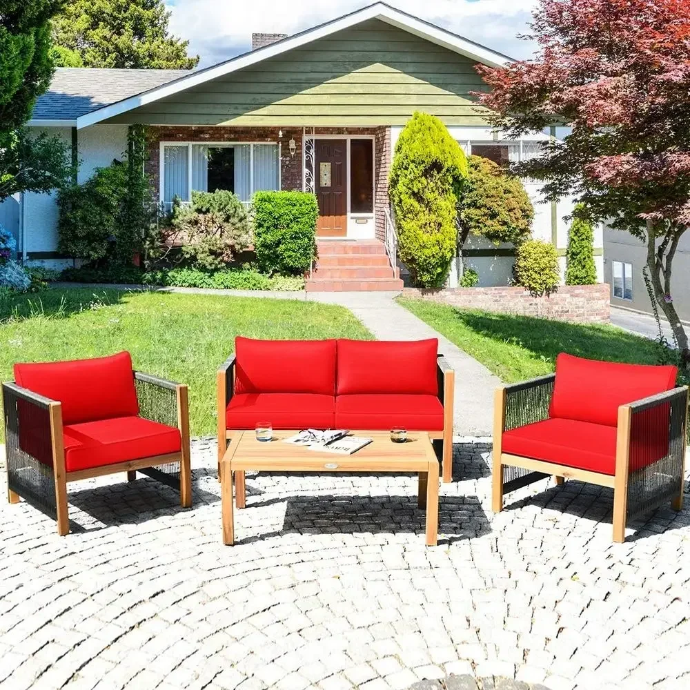Acacia Wood Outdoor Loveseat Sofa Set with 2 Chairs and Coffee Table, 4-Piece Patio Furniture Set with Cushions for Garden and P