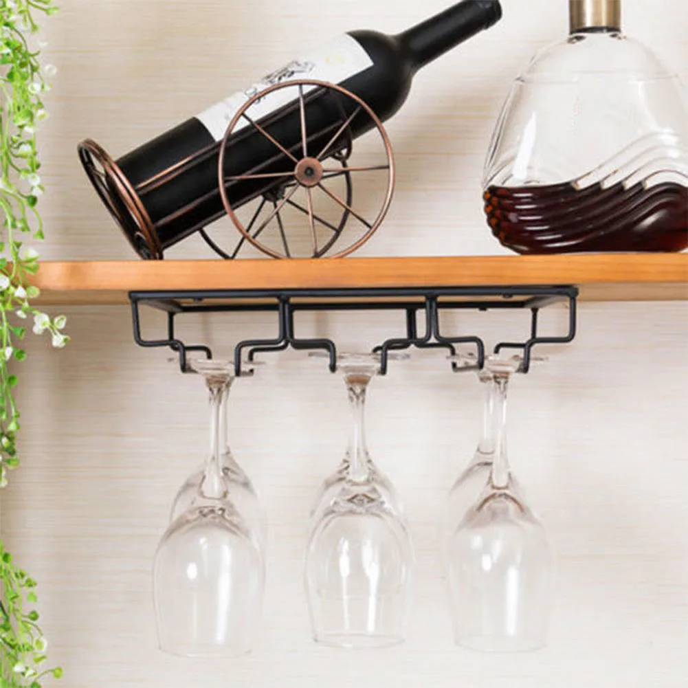 Iron Wall Mount Wine Glass Hanging Holder Goblet Stemware Storage Organizer Rack