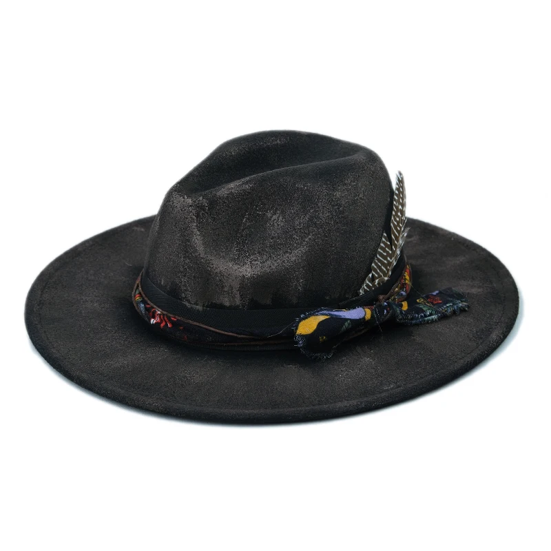 Original Feather Decor Painted Fire Retro Spring  Autumn Winter Warm Women Men Felt Wide Brim Jazz Cap Bowler Hat 55-59cm Adjust