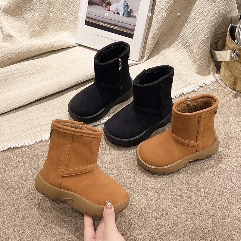 

Kids Short Boots Round Toes Soild Color Girls Leather Boots Korean Style 2025 Autumn Winter New Children Warm Shoes Soft Bottom