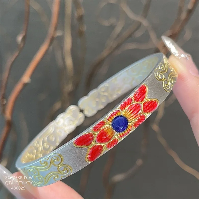 Silver 999.9 New Retro Gold Enamel Begonia Matching Solid Open-Ended Bracelet