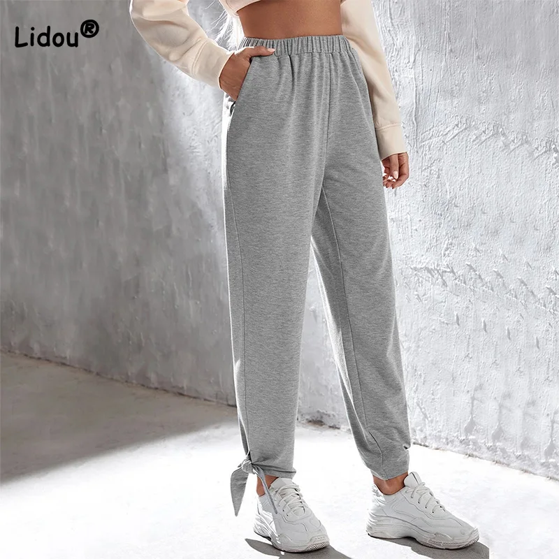 

Fashion Gray Loose Straight Trousers 2023 New Spring Summer Elastic Waist Splicing Pockets Female Casual Sports Pants Trend