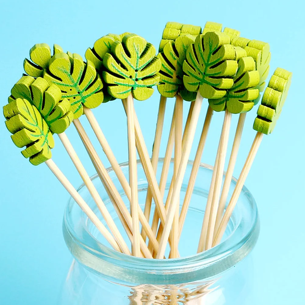 Púas de frutas de madera con hojas tropicales, 60 uds., selecciones de cóctel, pinchos para aperitivos, decoraciones para bebidas de fiesta, suministros para fiestas Luau