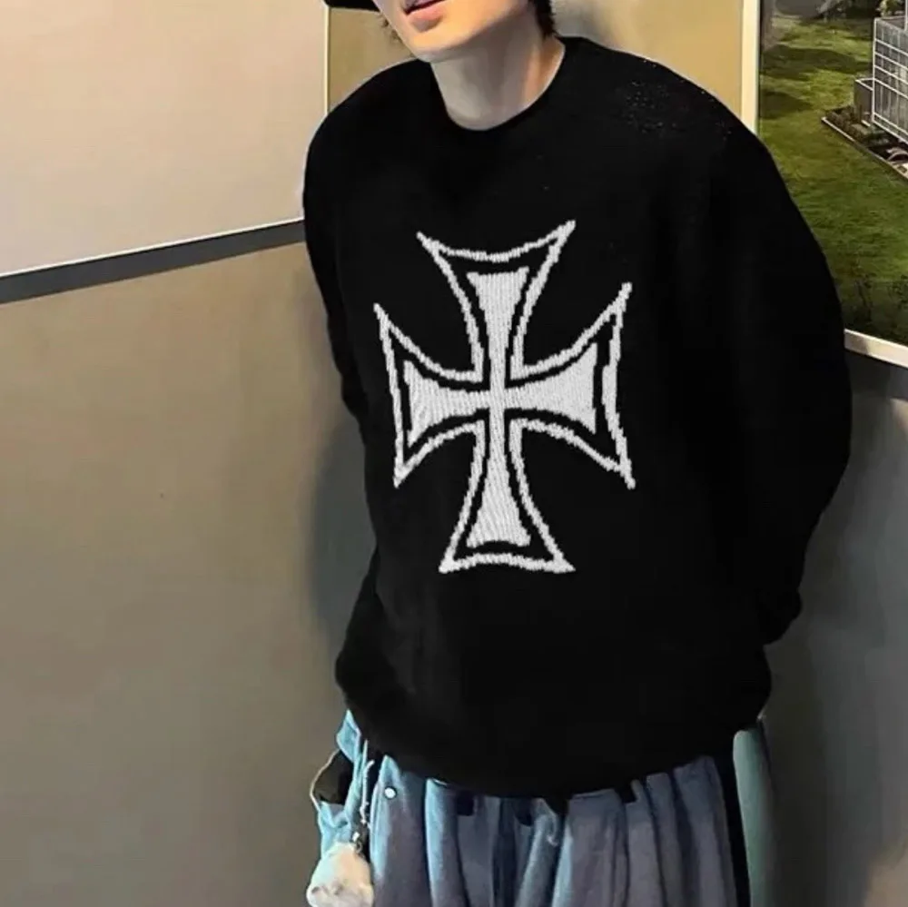 High Street White Cross Print Knitted Sweaters Mens and Womens Crew Neck Autumn Baggy Zipper Sweater Oversized Loose Clothes