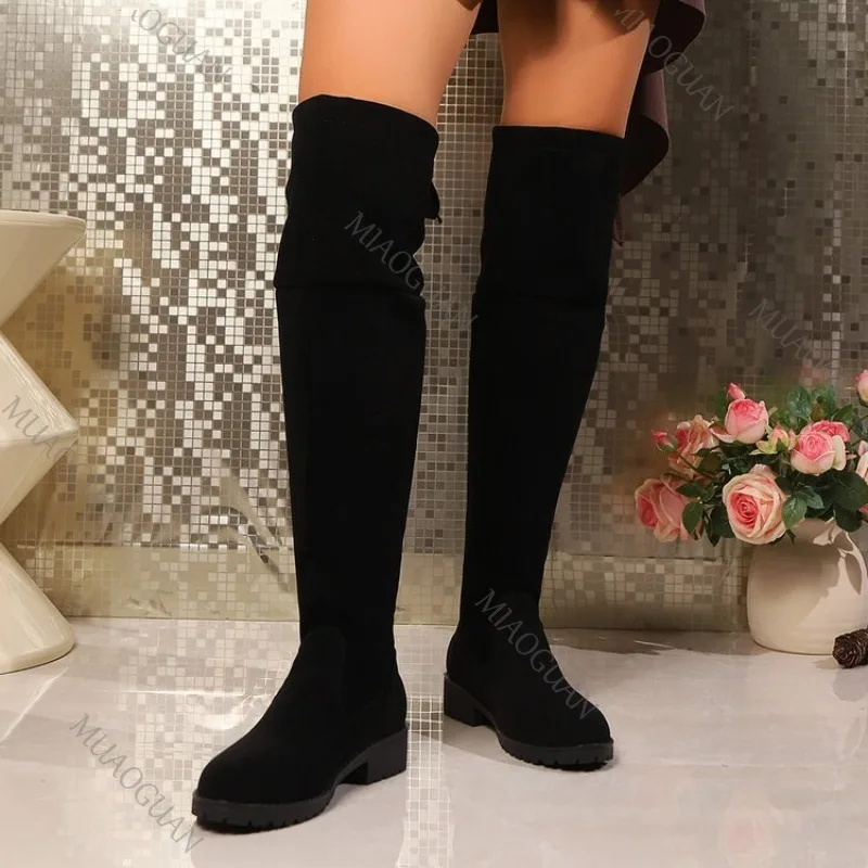 Botas femininas acima do joelho, sapatos elásticos de camurça preta, outono, casual, salto médio grosso, botas longas com cadarço, bico redondo