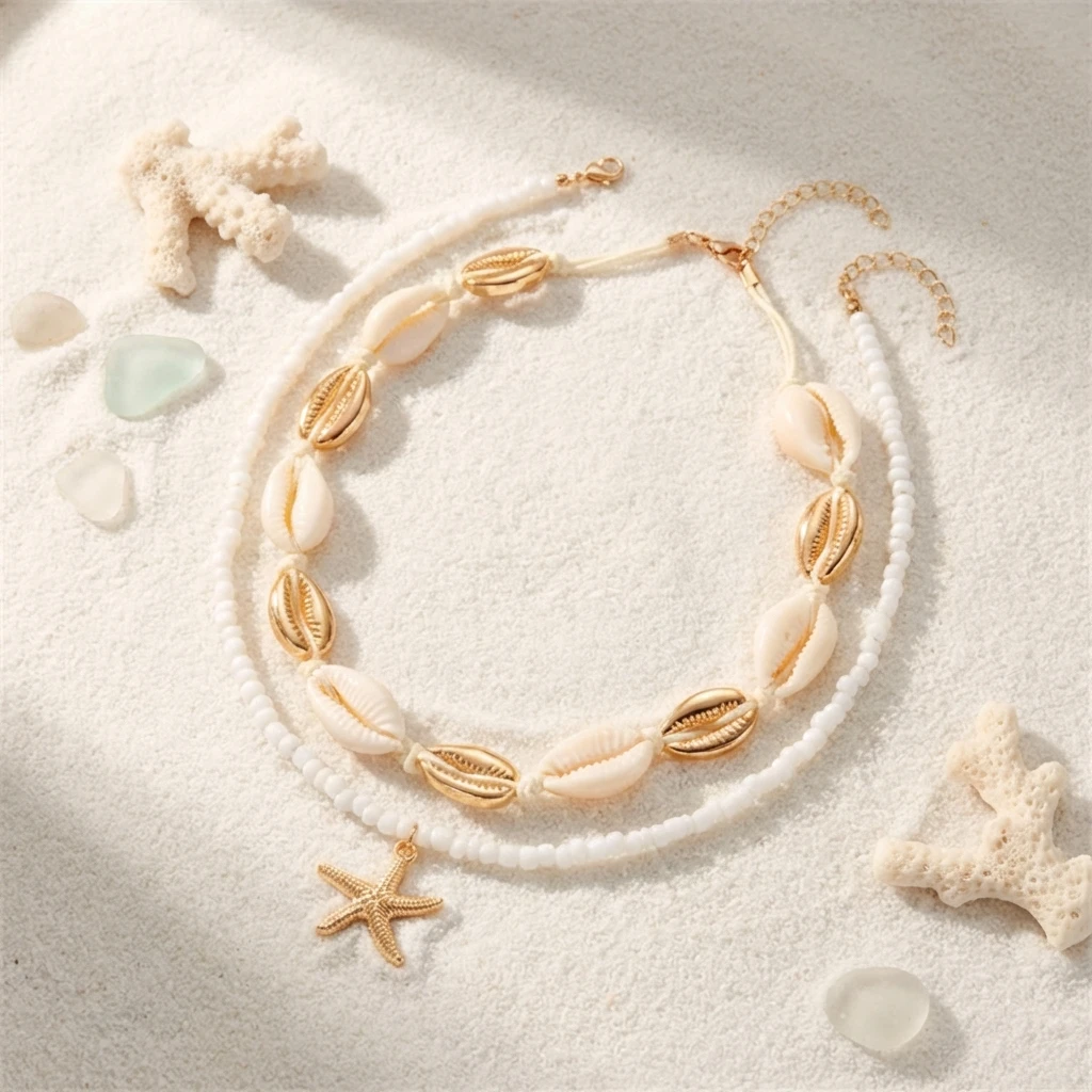 

Bohemian Double Layered Rice Beads Starfish Pendant Necklaces for Women Handmade Braided Shell Necklaces Beach Party Jewelry