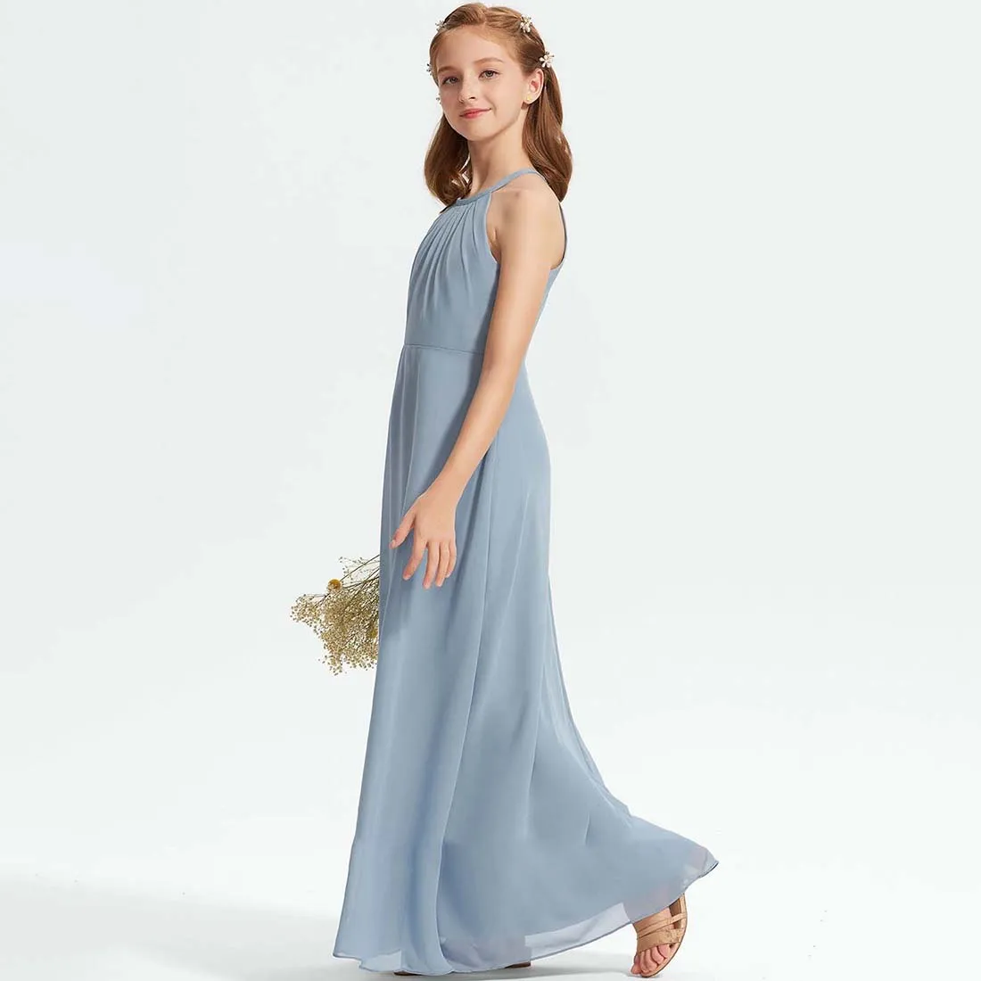 YZYmanualroom Chiffon Junior Bridesmaid Dress A-line Halter Floor-Length 2-15T