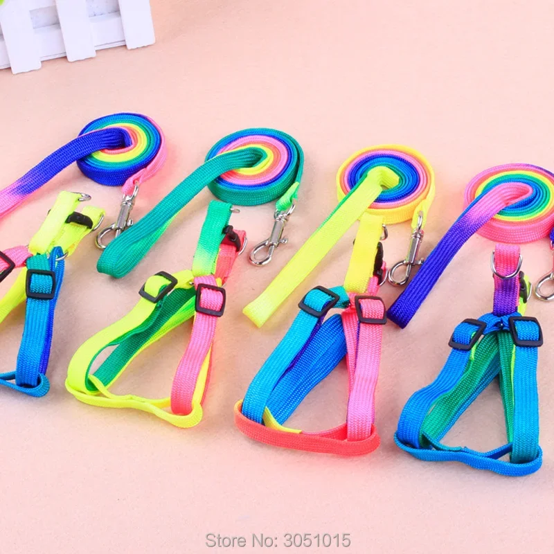 20pcs Durable Colorful Rainbow Pet Dog Collar Chest strap Harness Leash Soft Walking Harness Lead Colorful Nylon Traction Rope