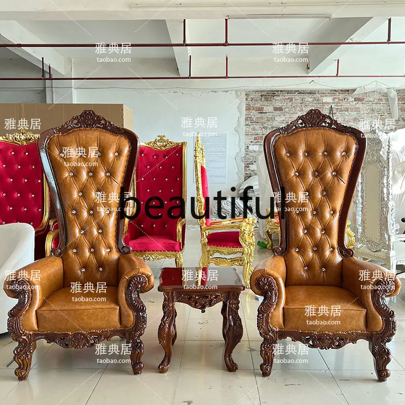 European solid wood carving hotel lobby high backrest negotiation chair leisure chair sofa chair coffee table combination