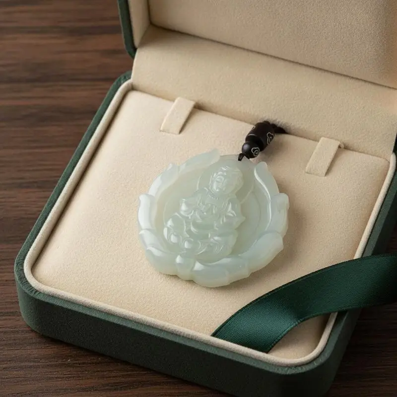 Chinese Guanyin Pendant Imitation Jade Lotus Carved Talisman Necklace Smooth Polished Charm Jewelry For Men Women Gift