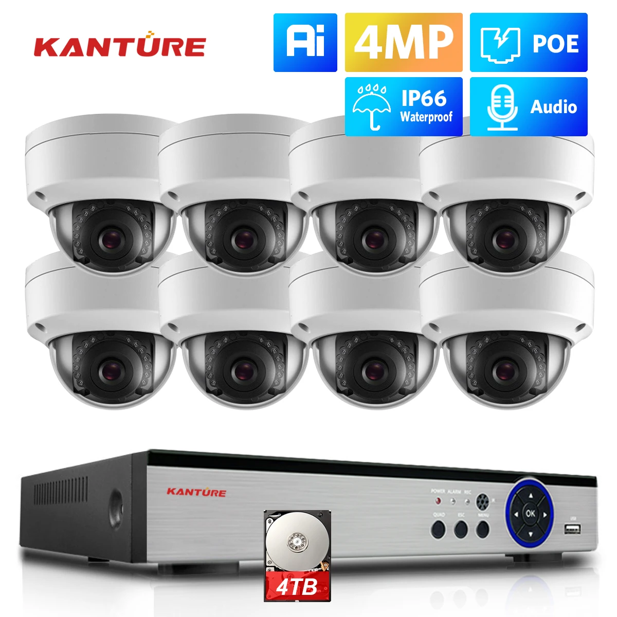 

KANTURE H.265 8CH 4K NVR Kit 4MP CCTV POE Security Camera System 2K Audio Record Vandalproof Dome Camera Video Surveillance Set