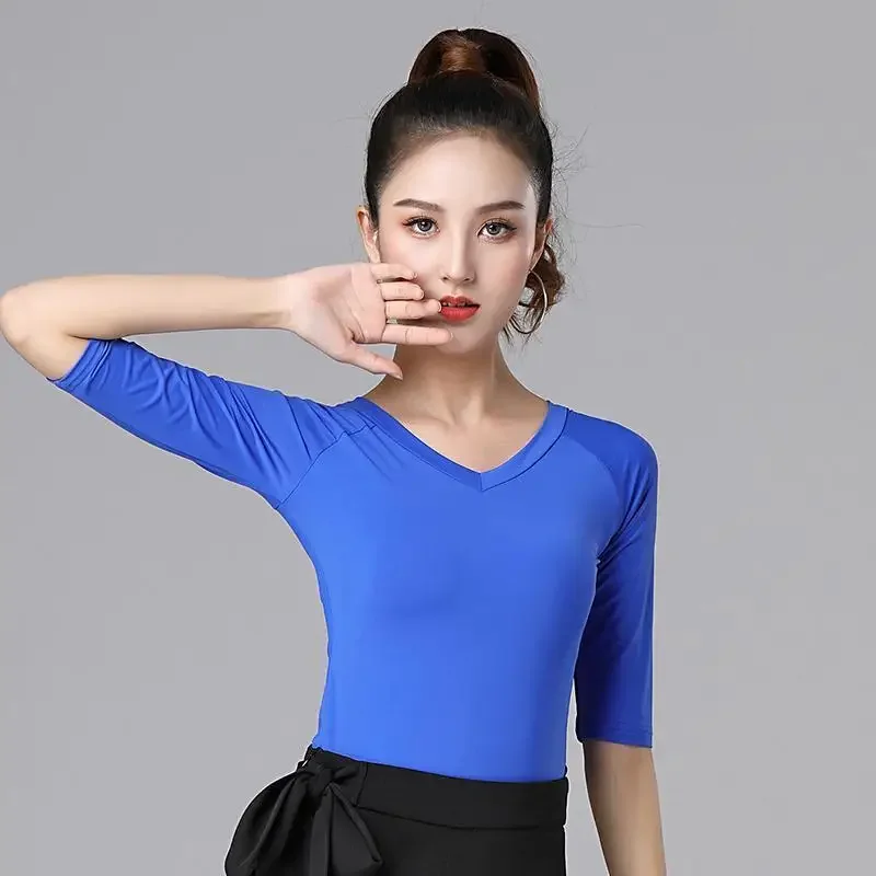 Latin Dance New Female Adult Sexy Top V-Neck Performance Clothes National Standard Ballroom Dancing Practice Clothing Shirt