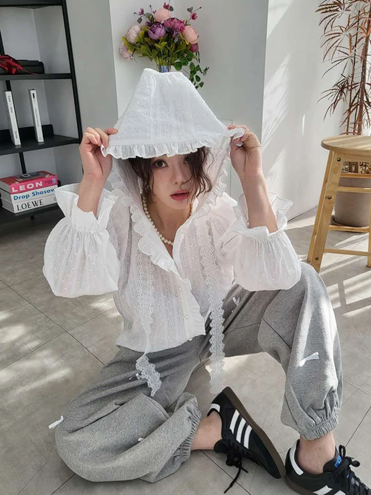 Liliang Women's Sun Protection irt with Hat Embroidered Lace Polka Dot Spring New Sle Anti Aging Long Sve Korean Sle