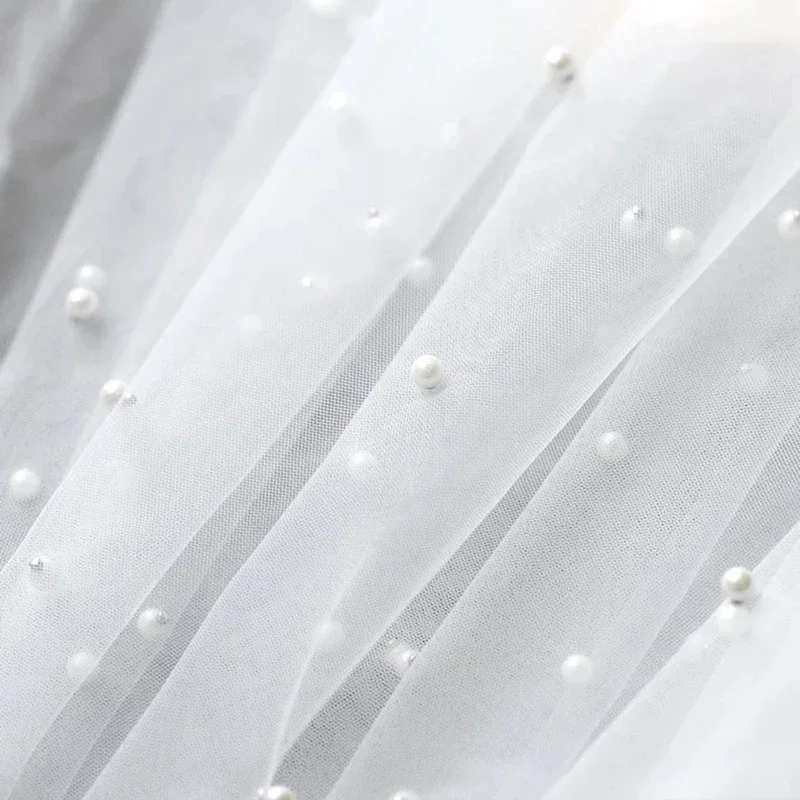 One Layer Pearls Tulle Bridal Veil Soft Beaded For Marriage Bride Cathedral Length with Comb Wedding Accessories