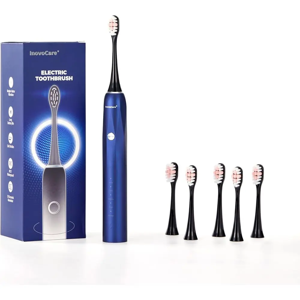 

Электрическая зубная щетка для взрослых с 5 режимами: отбеливание, чистка, для чувствительных зубов, полировка, массаж - водонепроницаемость IPX7, 30 дней автономной работы, 6 сменных насадок синего цвета