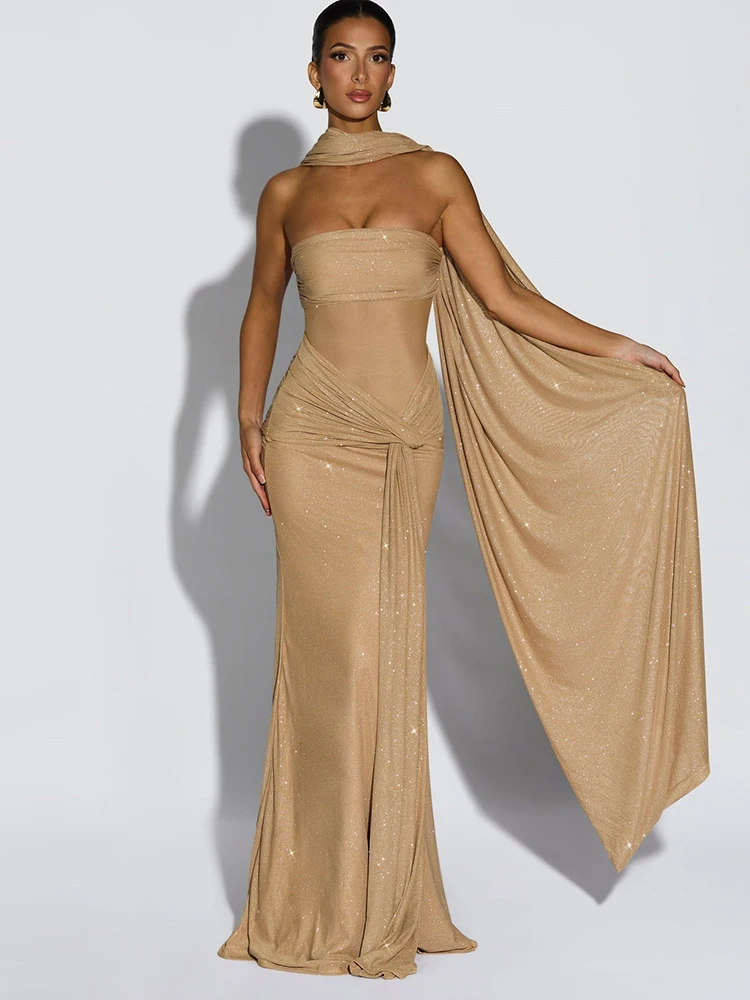 

Sibybo Strapless Ruched Bandage Sparkly Maxi Dress Women Elegant Off Shoulder Backless Package Hip Bodycon Dresses Partywear