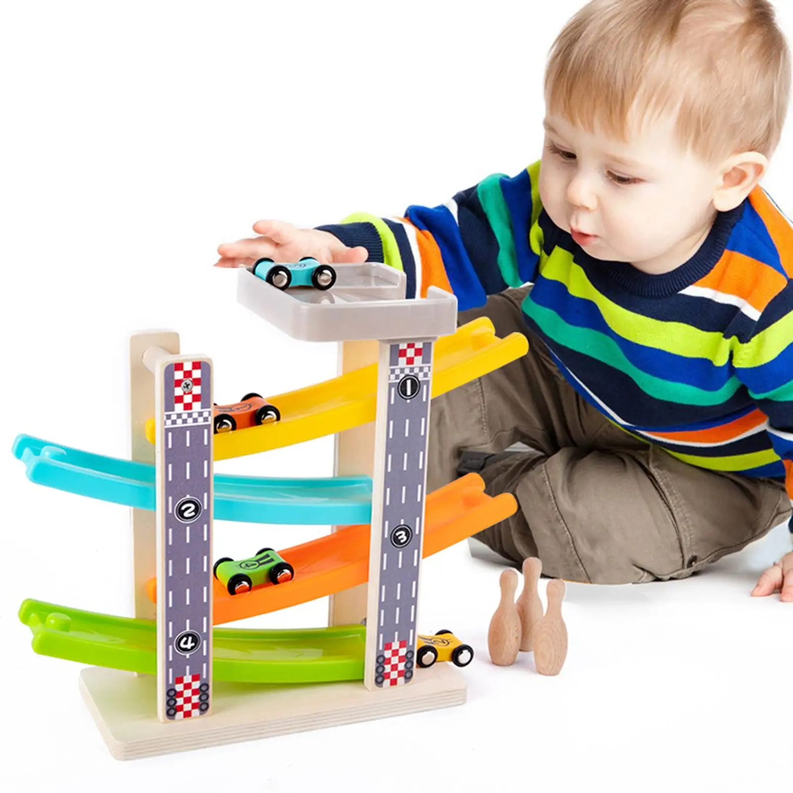 4 Layers Slider Ladder Ramp Race Track Car Birthday Gifts Wood for Baby Boys