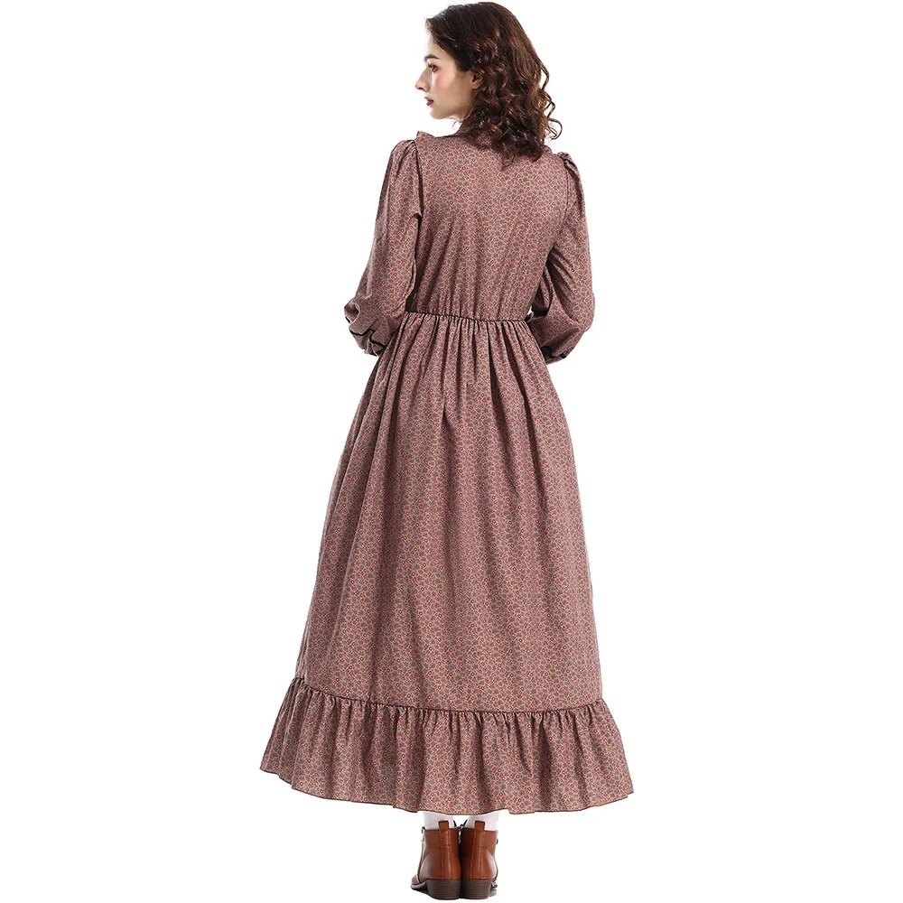 

Medieval Victoria Pastoral Style Brown Floral Dress Colonial Village Women Pioneer Prairie Dress Halloween Cosplay Costume