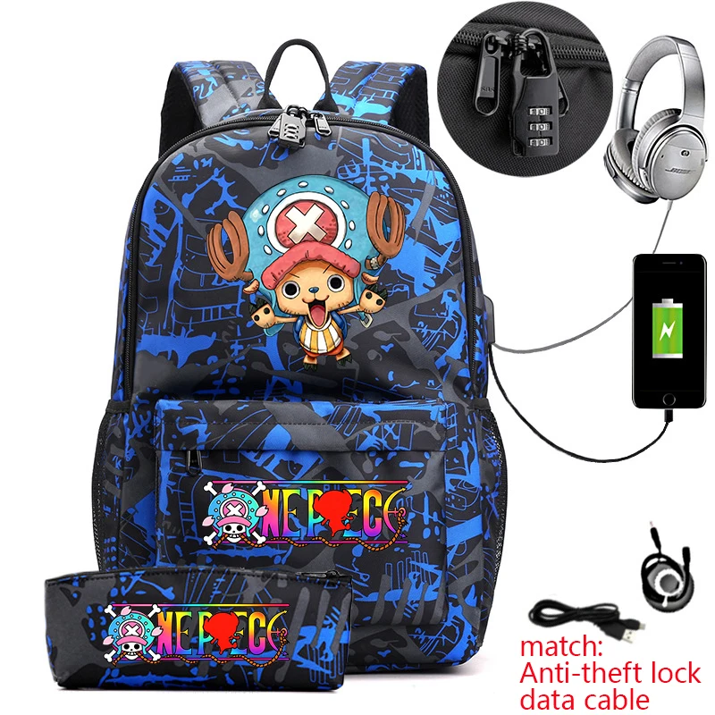One Piece Tony Chopper Print Anti Theft Student Backpack with Pencil Case Casual Daypack for Boys Girls Teens