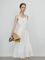FSLE【Premium Series】100% Linen Holiday Style Sleeveless White Long Dress Women Summer A-LINE Dress With Sashes 25FE12046