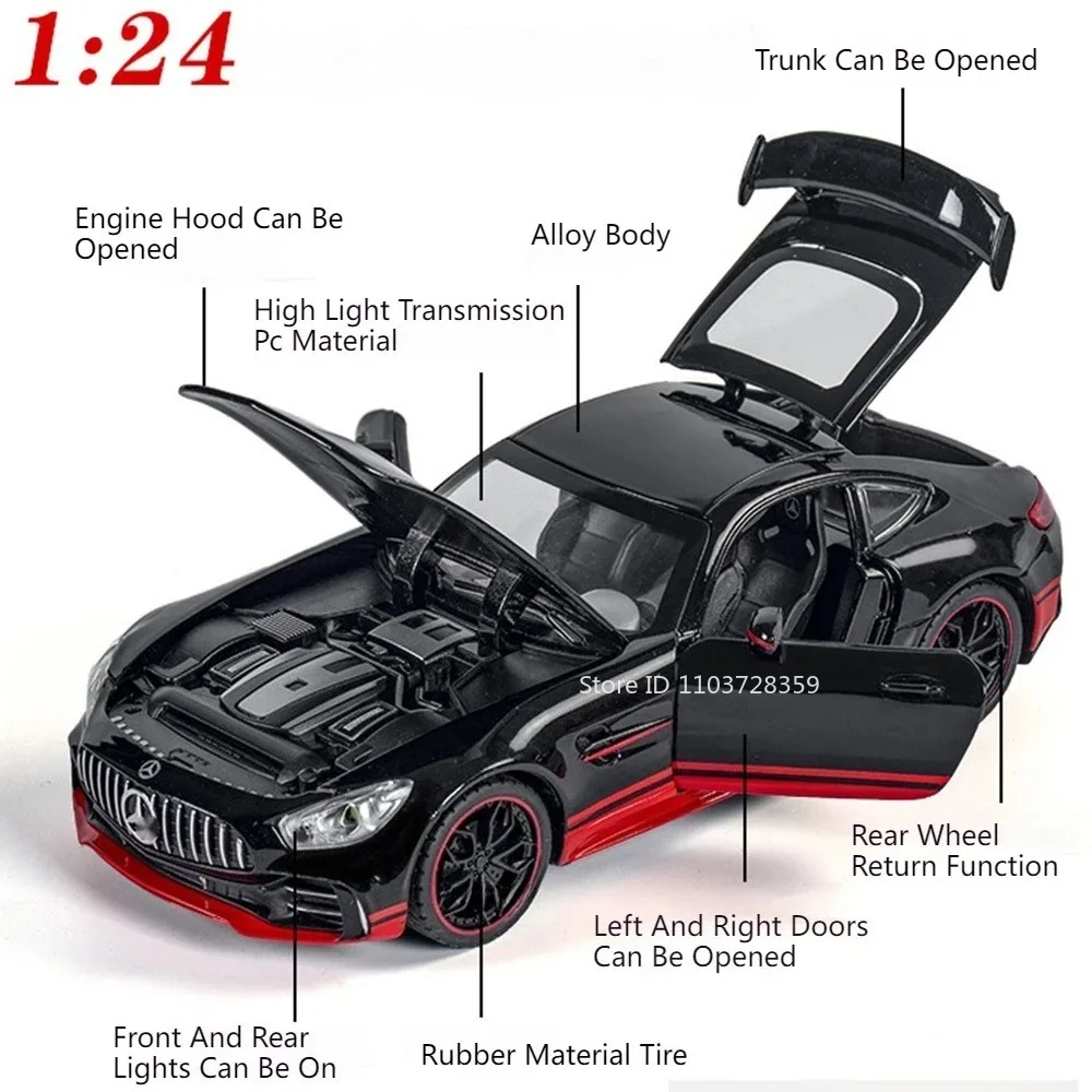 Coche deportivo en miniatura GTR GT a escala 1:24, modelos de juguete, supercoche fundido a presión de aleación, puertas con luz y sonido, espalda abierta, regalos de cumpleaños para niños