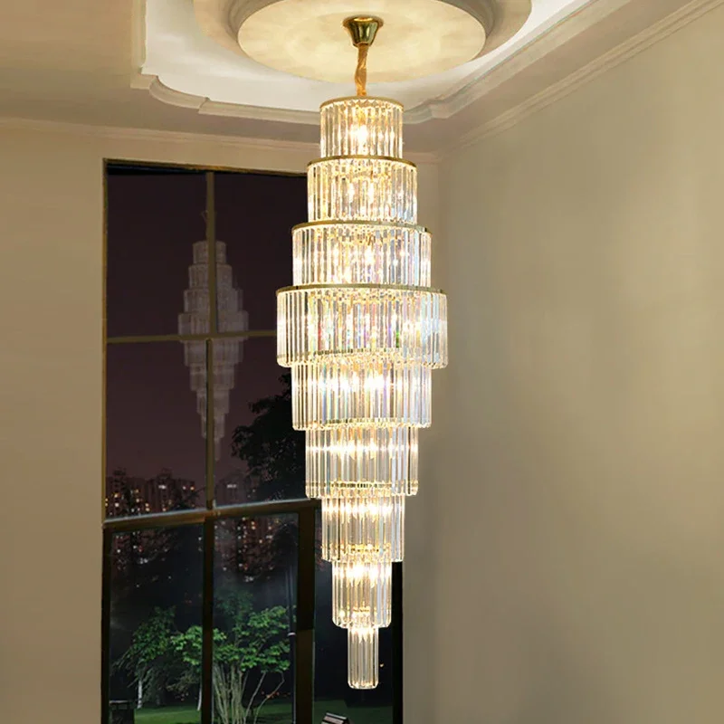 

Creative Led Luxury Crystal Staircase Chandelier Lighting Decor Large Classic Cristal Hotel Living Room Spiral Long Pendant Lamp