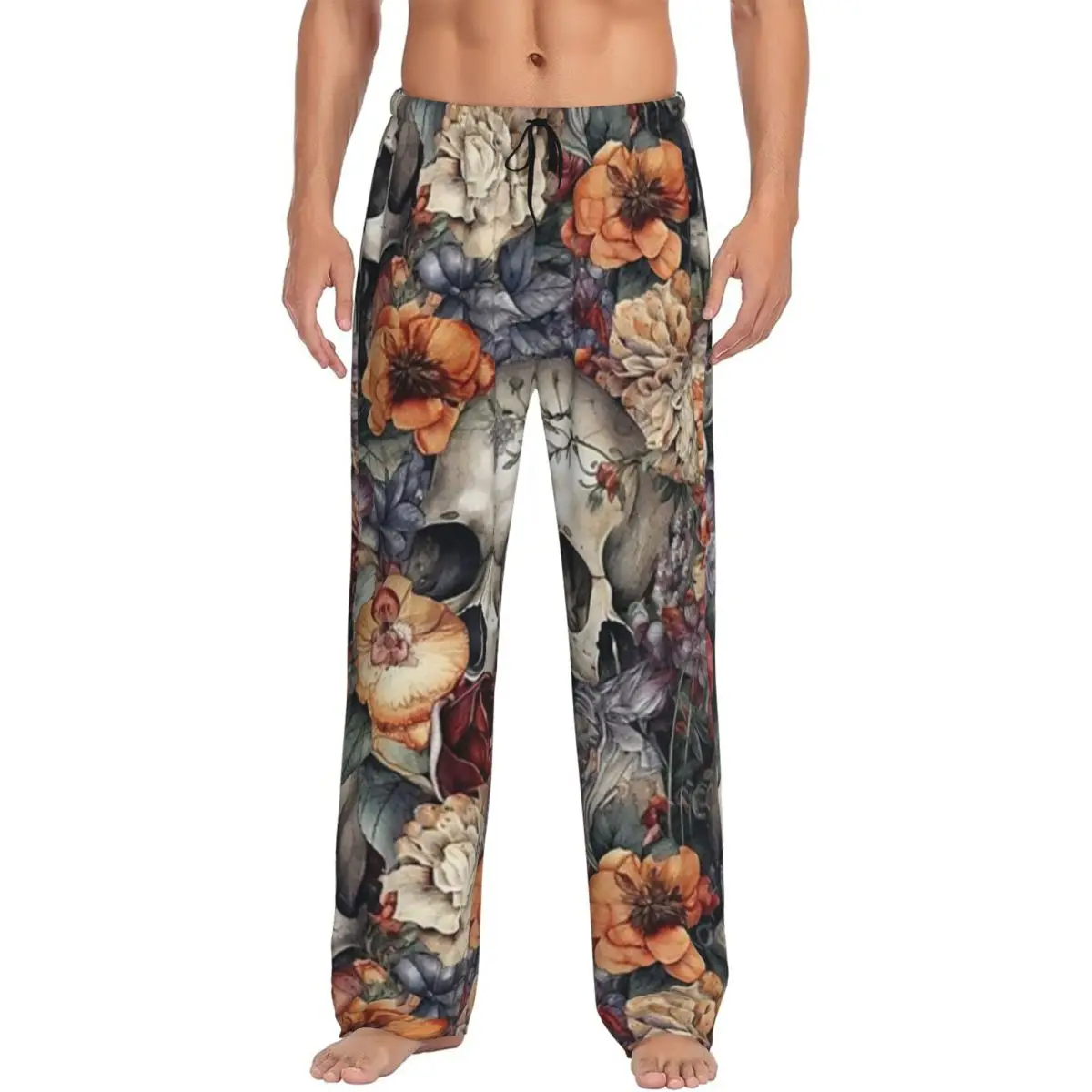 Custom Vintage Floral Skull Roses Pajama Pants Men Sleepwear Sleep Lounge Bottoms with Pockets