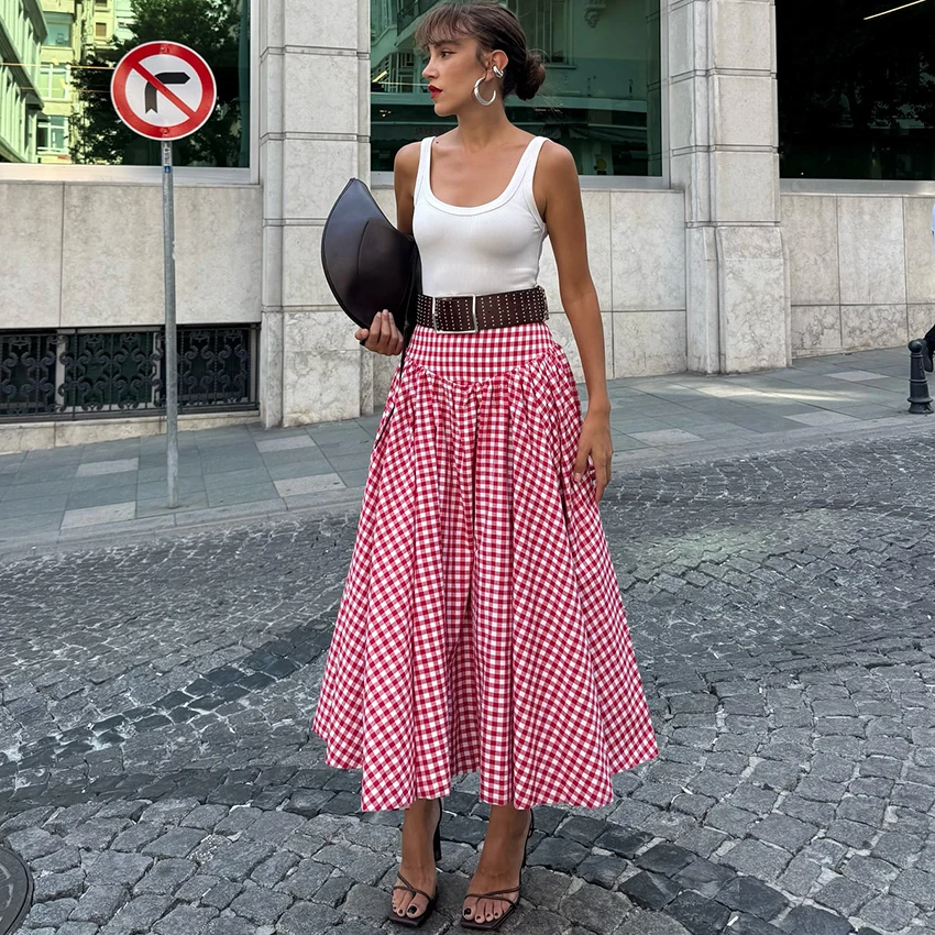 

Linad Street Chic красные клетчатые длинные юбки женские летние повседневные полиэстеровые юбки трапециевидной формы женские осенние свободные юбки с высокой талией 2025