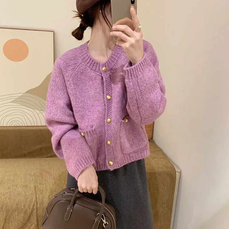 Fashionable gold button sweater cardigan winter new versatile sweet top showing slimming temperament small shirt for women