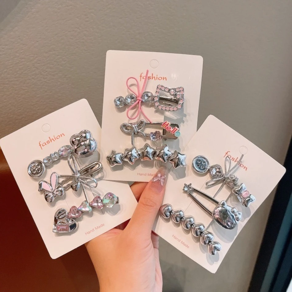 3PCS Children's Hairpin Silver Bow Star Hollow Duck Bill Clip Kids Bangs Side Clip Girl Love Side Clip Children Headdress ZX07
